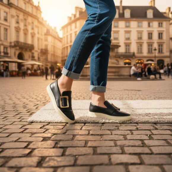 Bally Heska Black Leather Large gold Buckle Accent Slip On Sneakers Size 5.5 - Picture 4 of 10